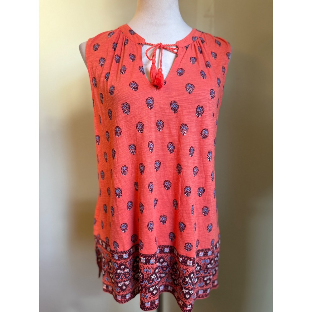 Lucky Brand Coral Floral Print‎ Sleeveless Tie Neck top shirt boho blue western